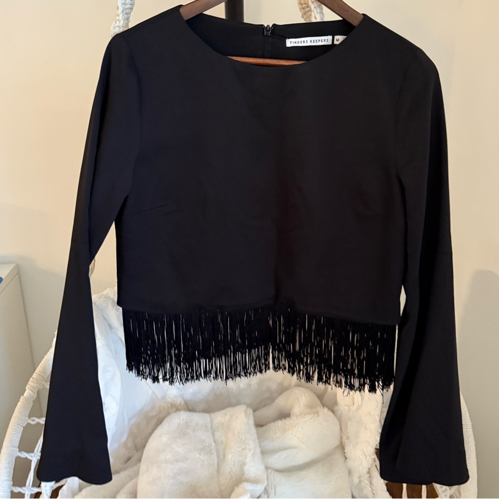 Finder Keeper Black lined crop blouse with fringes and Bell sleeve. Size M